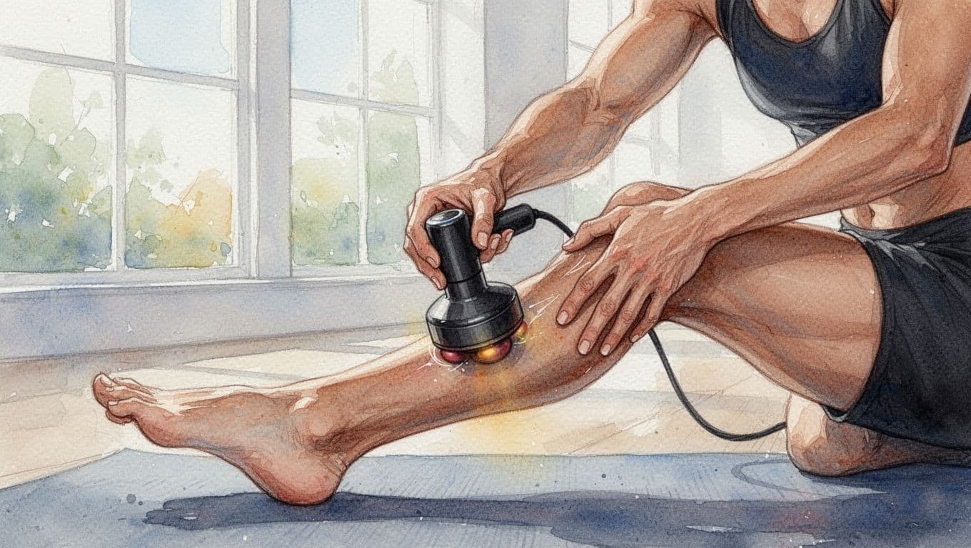 A person uses a handheld massage gun on their calf in a soft watercolor illustration.