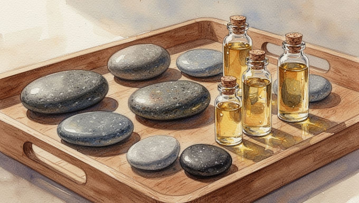 A wooden tray displays smooth massage stones alongside small glass bottles of aromatherapy oil.