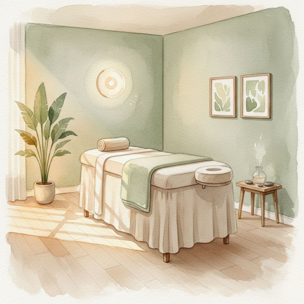 A tranquil massage room features a clean table and warm lighting in a soft watercolor style.