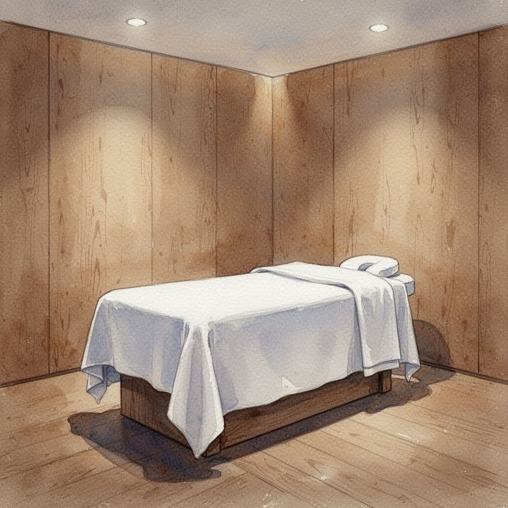 A watercolor-style spa room featuring a massage table with white linens and warm wooden accents.