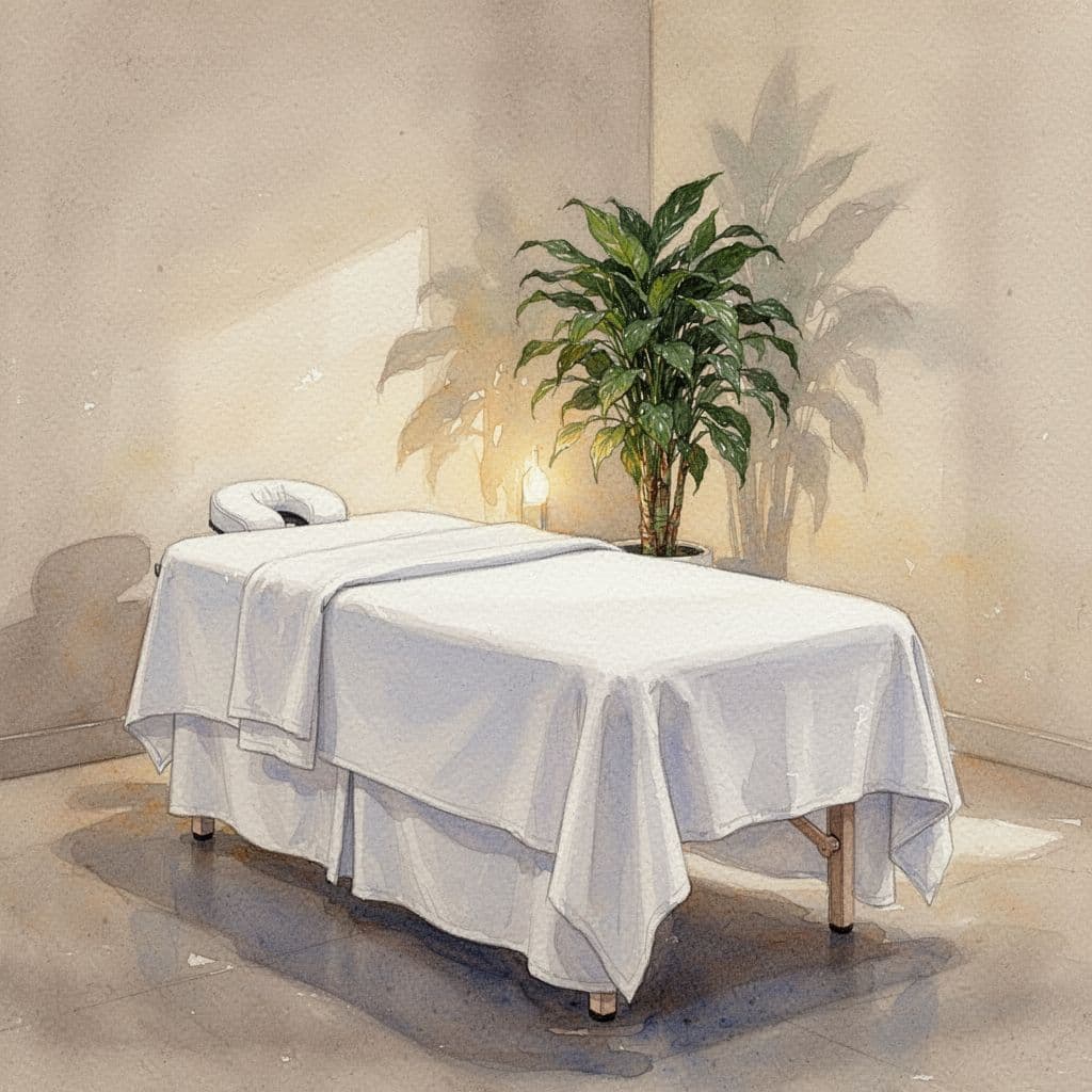 A watercolor-style massage room featuring a clean white table, warm ambient lighting, and a corner plant.