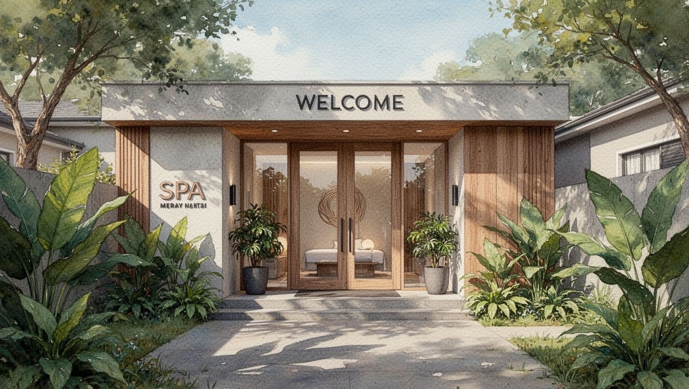 A tranquil spa exterior featuring warm wooden details and lush greenery in a watercolor art style.