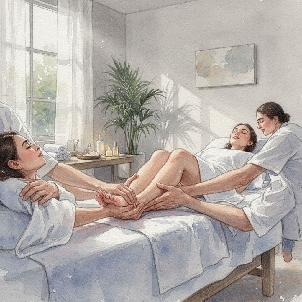 A therapist massages a client's feet in a quiet, minimalist spa setting rendered in soft watercolor.