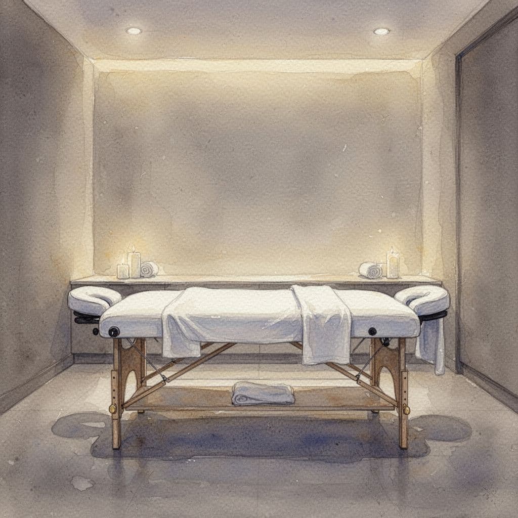 A watercolor-style painting depicts a centered massage table at an ergonomic height inside a calm, dimly lit room.