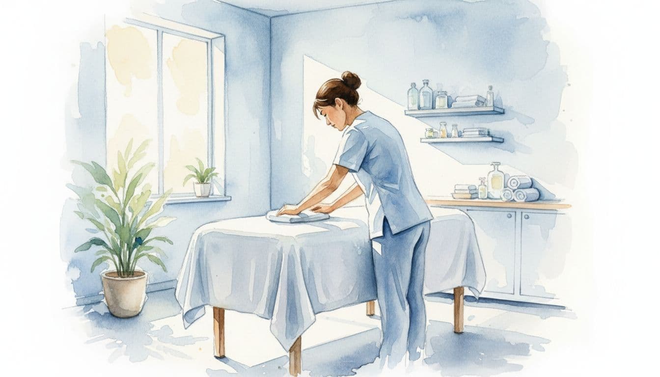 A professional therapist stands in a bright, clean spa room painted in a soft watercolor style.