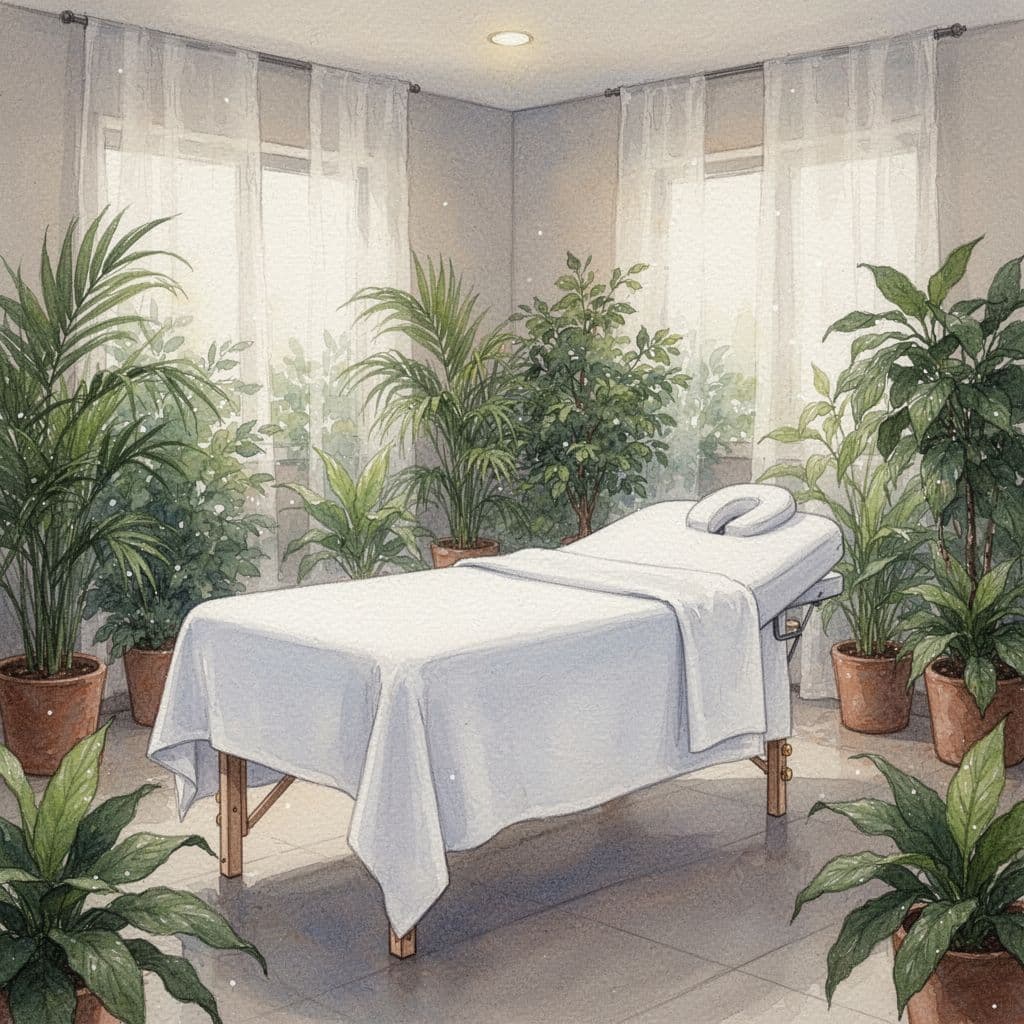 A tranquil spa treatment room featuring a massage table with white linens and indoor plants.
