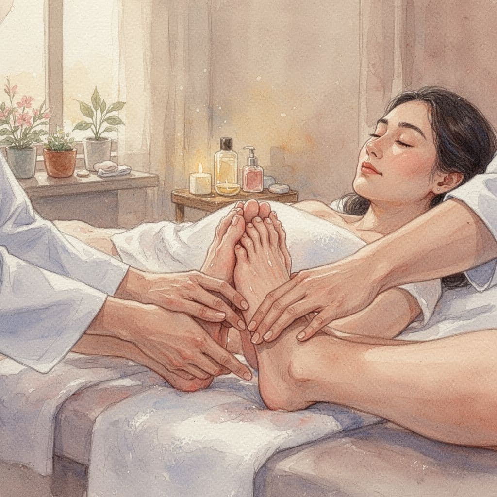 A therapist performs a gentle foot massage on a client in a serene, softly lit spa environment.
