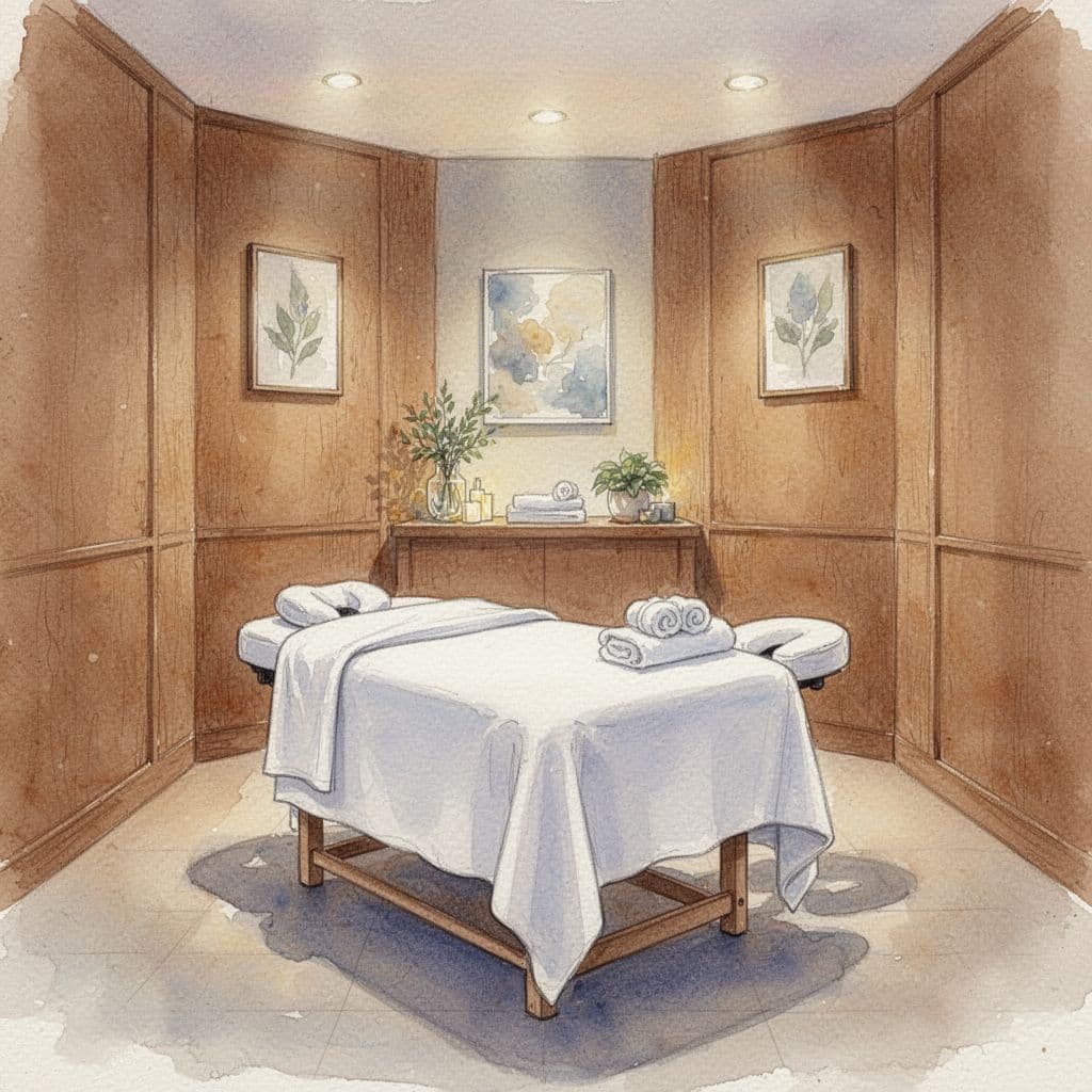 A tranquil massage room features warm wooden walls, soft ambient lighting, and a neat white table.