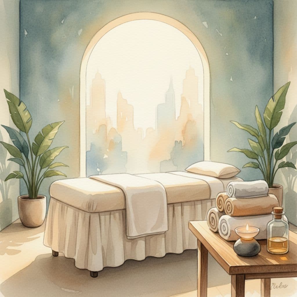A watercolor-style massage room features a wooden table with folded towels and a comfortable massage bed.